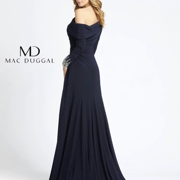 MAC DUGGAL One Shoulder Long Sleeve Jersey GOWN DRESS NAVY Mother Of The Bride 4 - Picture 2 of 3